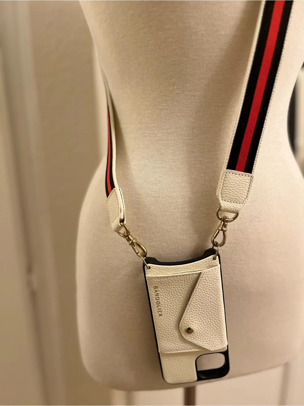 Bandolier White Phone Crossbody with Red & Black Stripe Strap